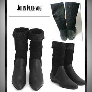 John Fluevog Suede Leather Black Mid Calf Aspiration Boots 7.5